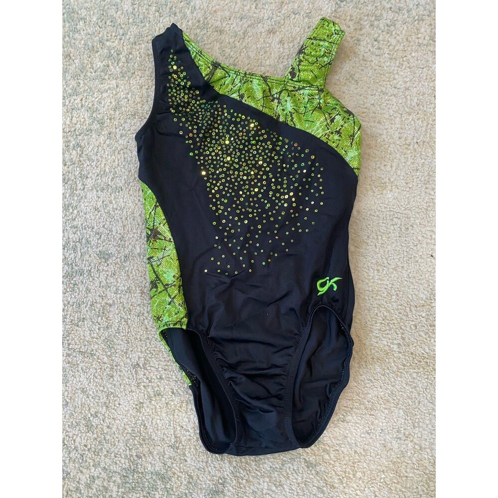 GK Elite Size AS Sequins Asymmetrical Leotard Black Fluorescent Lime Green